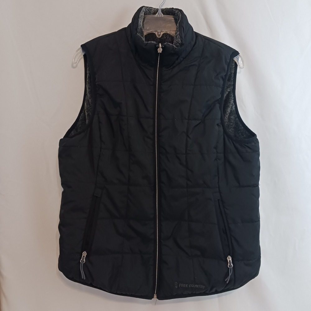 Free Country Puffer Vest Womens L Black Excellent Quilted Faux Fur Lined Zip Up